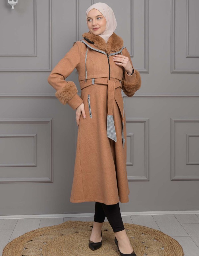 BELTED CACHET TOPCOAT WITH HOOD AND SLEEVE FUR DETAILS 1355 taba