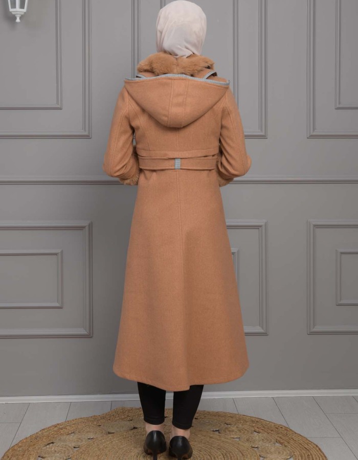 BELTED CACHET TOPCOAT WITH HOOD AND SLEEVE FUR DETAILS 1355 taba