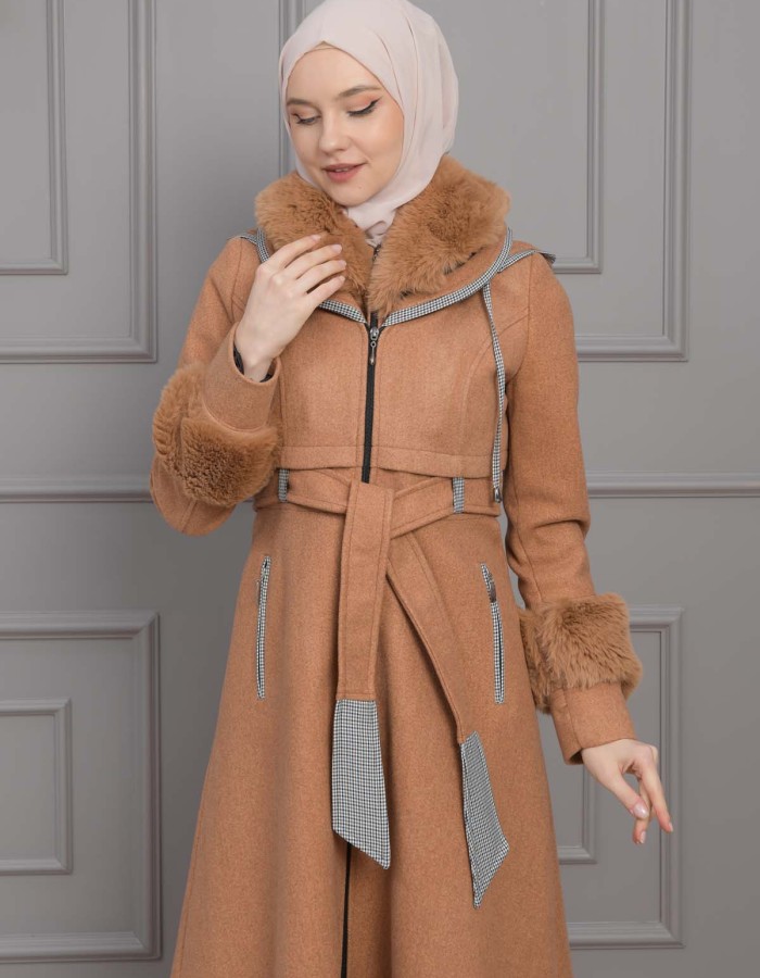 BELTED CACHET TOPCOAT WITH HOOD AND SLEEVE FUR DETAILS 1355 taba