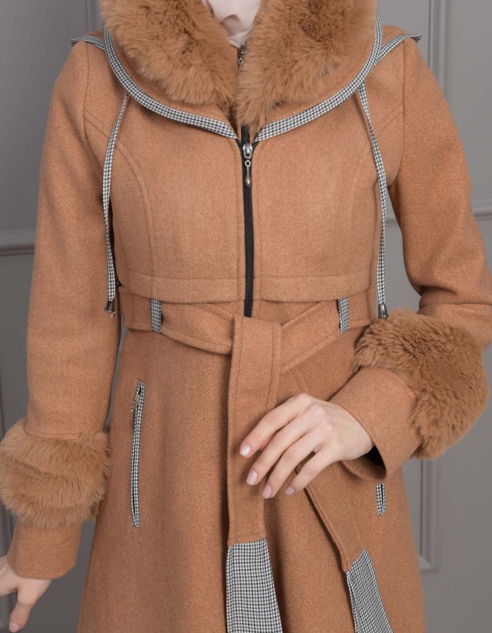 BELTED CACHET TOPCOAT WITH HOOD AND SLEEVE FUR DETAILS 1355 taba