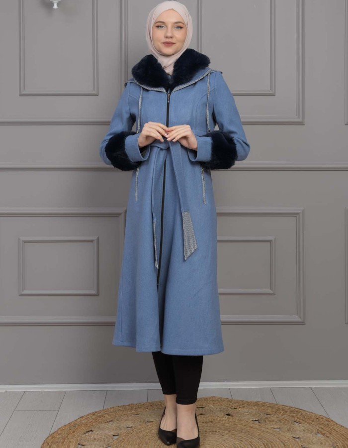 BELTED CACHET TOPCOAT WITH HOOD AND SLEEVE FUR DETAILS 1355 - blue