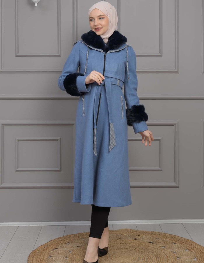 BELTED CACHET TOPCOAT WITH HOOD AND SLEEVE FUR DETAILS 1355 - blue