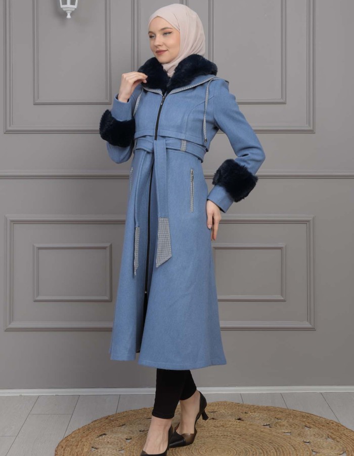 BELTED CACHET TOPCOAT WITH HOOD AND SLEEVE FUR DETAILS 1355 - blue