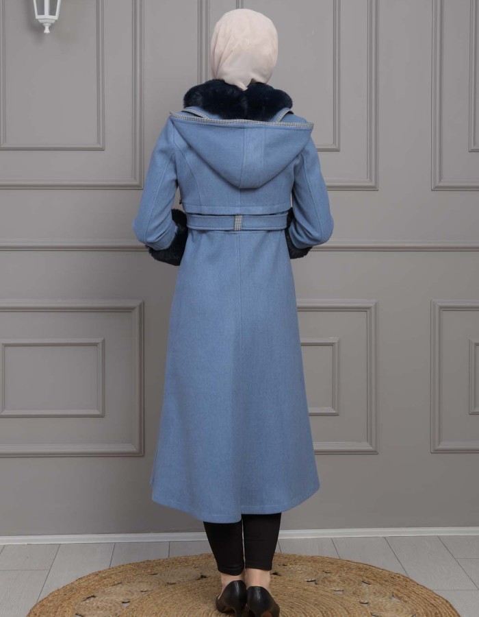 BELTED CACHET TOPCOAT WITH HOOD AND SLEEVE FUR DETAILS 1355 - blue