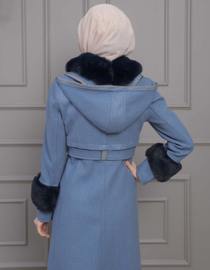 BELTED CACHET TOPCOAT WITH HOOD AND SLEEVE FUR DETAILS 1355 - blue
