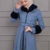 BELTED CACHET TOPCOAT WITH HOOD AND SLEEVE FUR DETAILS 1355 - blue
