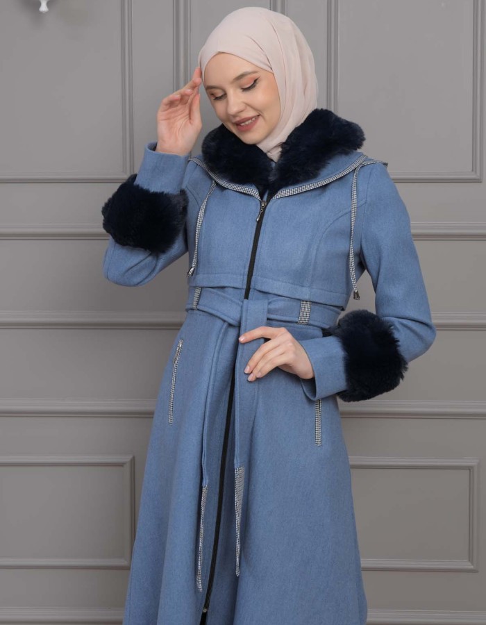 BELTED CACHET TOPCOAT WITH HOOD AND SLEEVE FUR DETAILS 1355 - blue