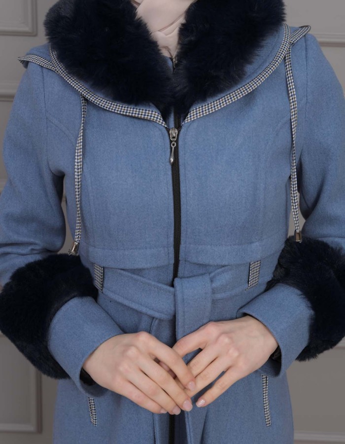 BELTED CACHET TOPCOAT WITH HOOD AND SLEEVE FUR DETAILS 1355 - blue