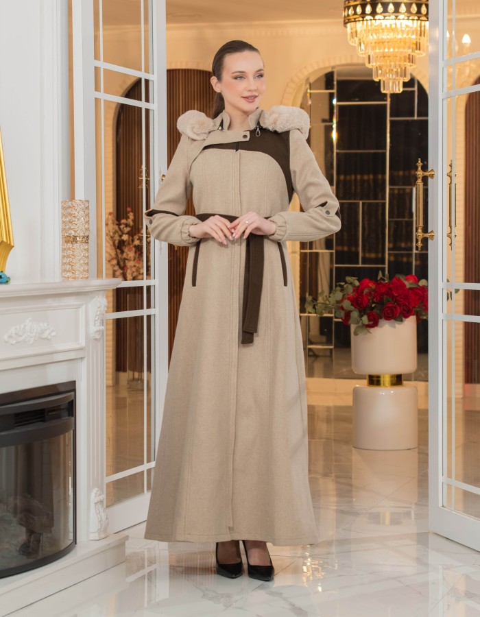 Cashmere Wool Coat with Fur Lining and Removable Hood - Code 1374 - Hellbraun