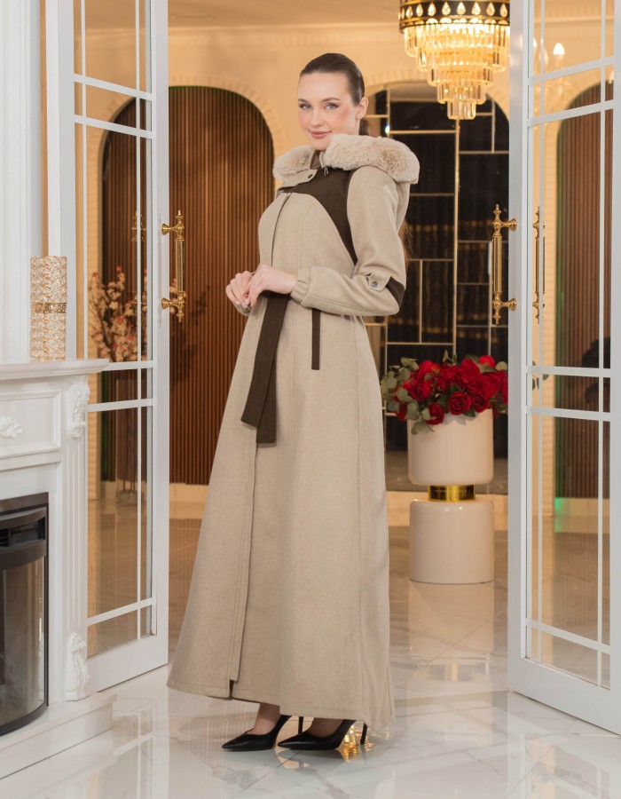 Cashmere Wool Coat with Fur Lining and Removable Hood - Code 1374 - Hellbraun