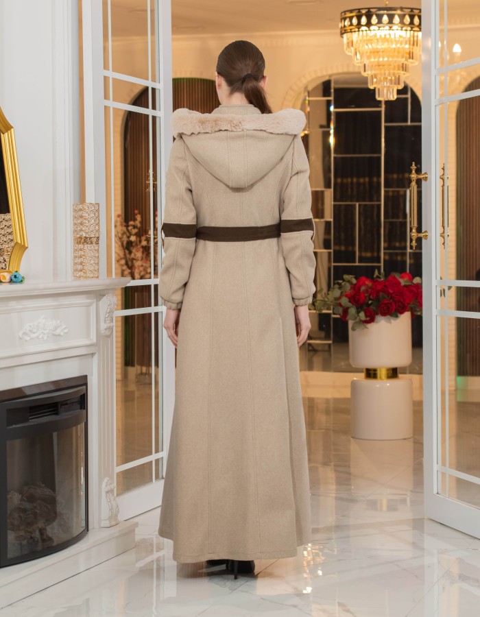 Cashmere Wool Coat with Fur Lining and Removable Hood - Code 1374 - Hellbraun