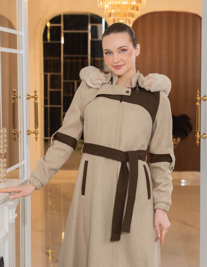 Cashmere Wool Coat with Fur Lining and Removable Hood - Code 1374 - Hellbraun