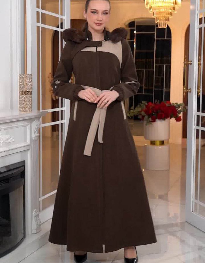 Cashmere Wool Coat with Fur Lining and Removable Hood - Code 1374 - Braun
