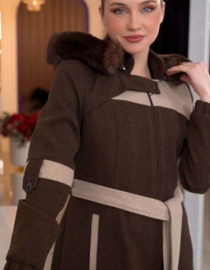 Cashmere Wool Coat with Fur Lining and Removable Hood - Code 1374 - Braun