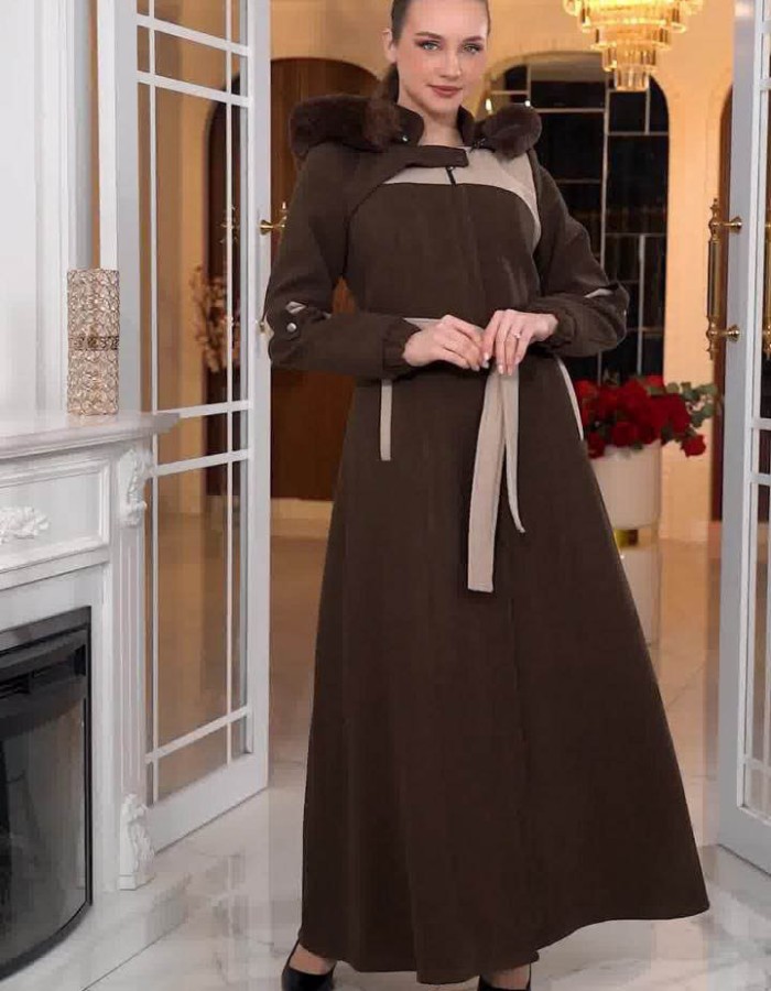 Cashmere Wool Coat with Fur Lining and Removable Hood - Code 1374 - Braun