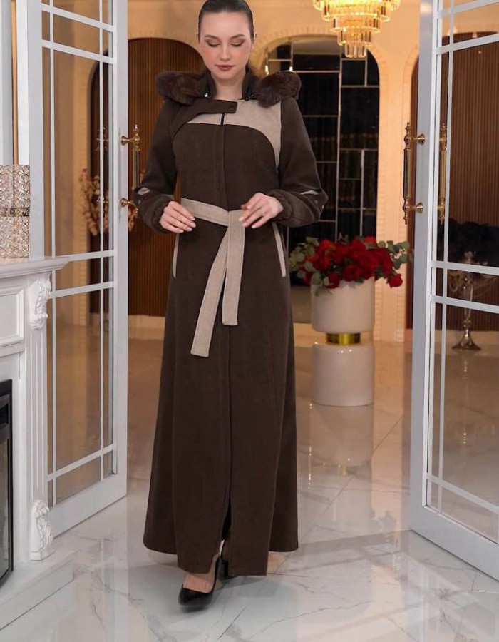 Cashmere Wool Coat with Fur Lining and Removable Hood - Code 1374 - Braun