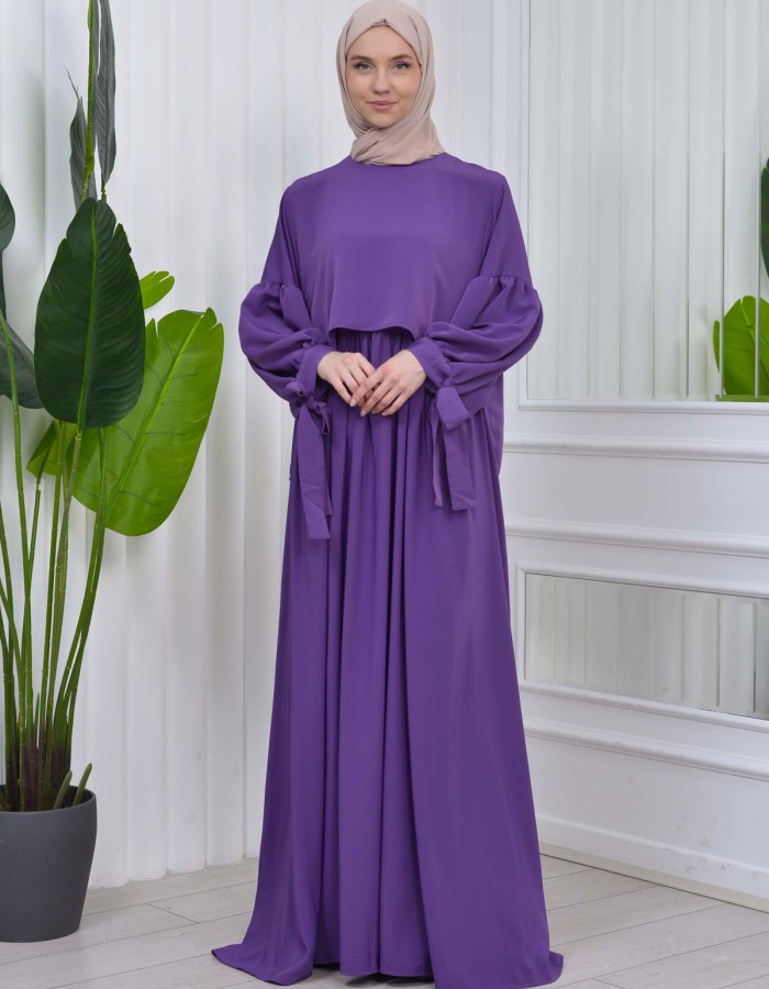 Lace up Sleeve Simple Hijab Dress 831 - purpul