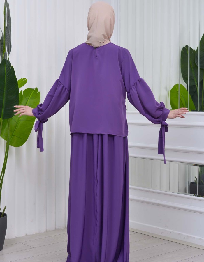 Lace up Sleeve Simple Hijab Dress 831 - purpul