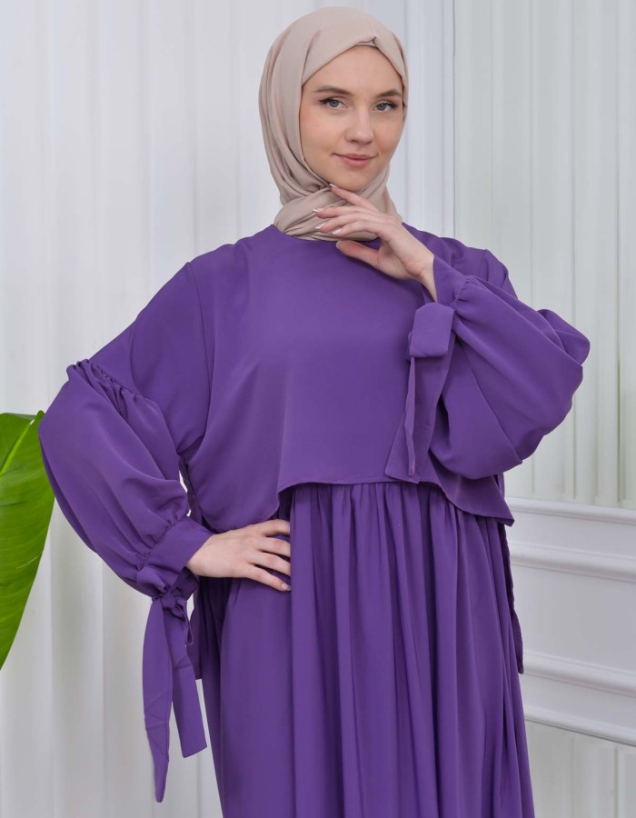 Lace up Sleeve Simple Hijab Dress 831 - purpul