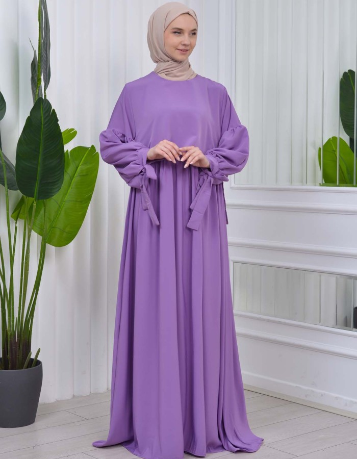 Lace up Sleeve Simple Hijab Dress 831 - lilac