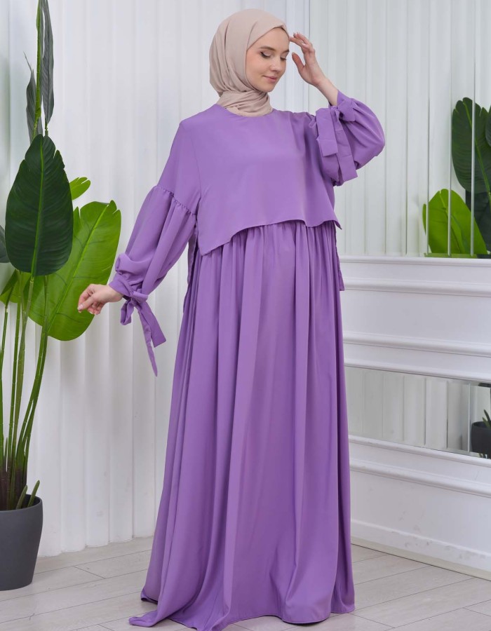 Lace up Sleeve Simple Hijab Dress 831 - lilac