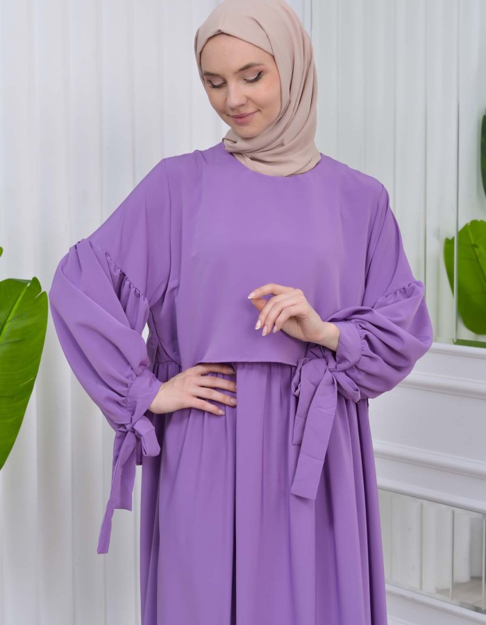 Lace up Sleeve Simple Hijab Dress 831 - lilac