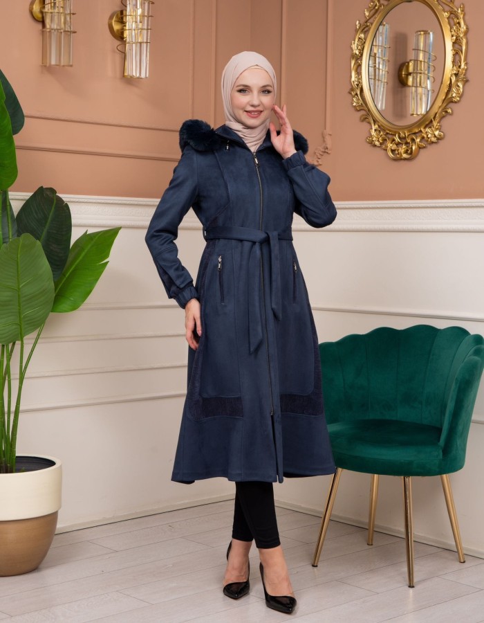 Shaomah Trench Coat with Removable Fur Hood - Code 1363 - deep blue