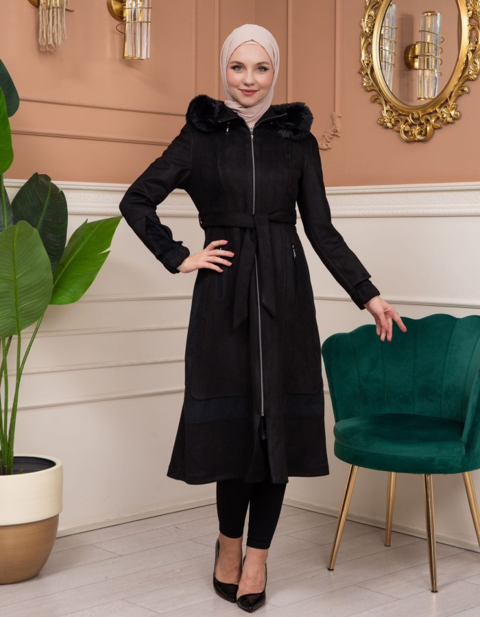 Shaomah Trench Coat with Removable Fur Hood - Code 1363 - black