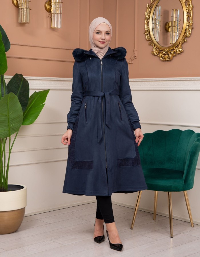 Shaomah Trench Coat with Removable Fur Hood - Code 1363 - deep blue