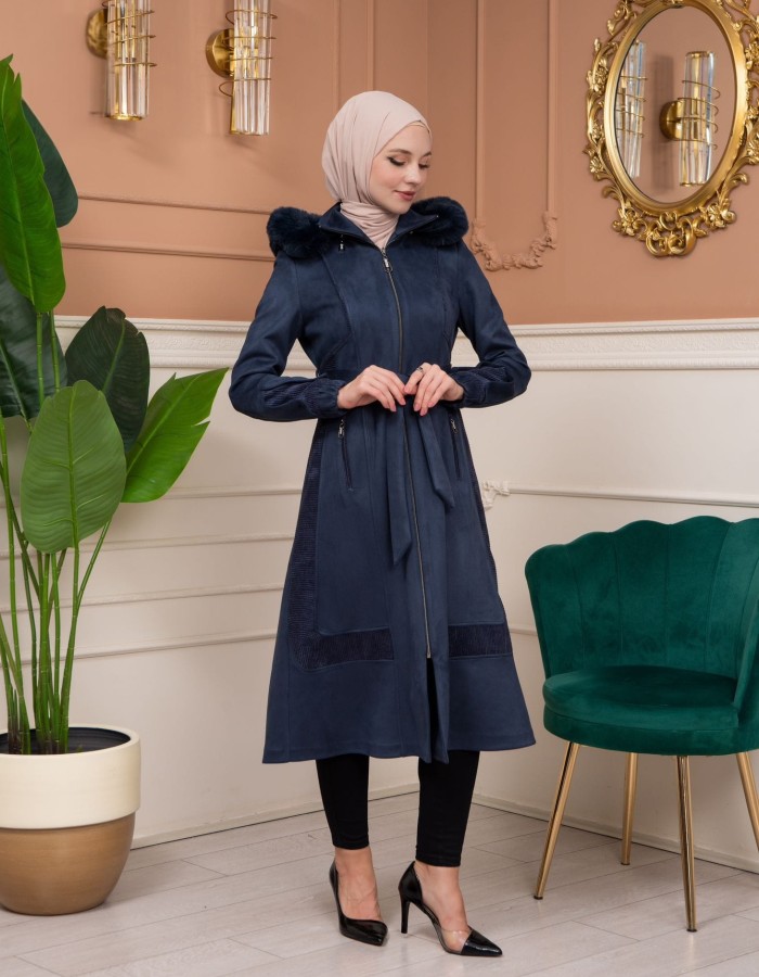 Shaomah Trench Coat with Removable Fur Hood - Code 1363 - deep blue