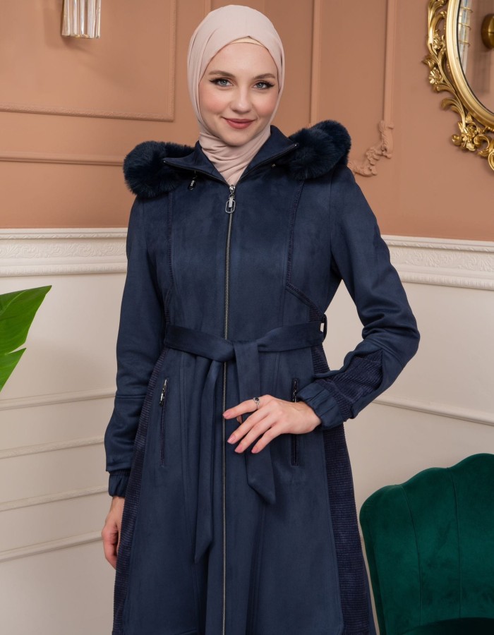 Shaomah Trench Coat with Removable Fur Hood - Code 1363 - deep blue