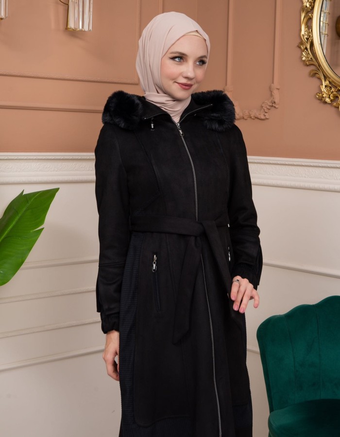 Shaomah Trench Coat with Removable Fur Hood - Code 1363 - black