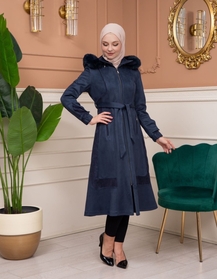 Shaomah Trench Coat with Removable Fur Hood - Code 1363 - deep blue