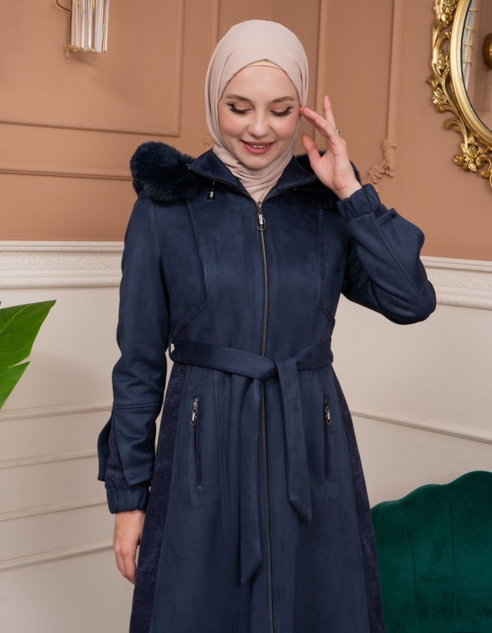 Shaomah Trench Coat with Removable Fur Hood - Code 1363 - deep blue