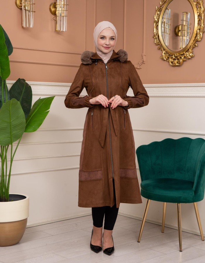 Shaomah Trench Coat with Removable Fur Hood - Code 1363 - brown