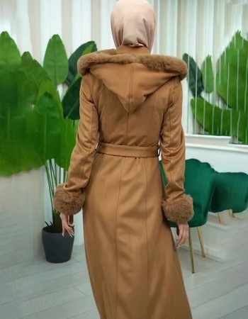 Damen Wildleder-Mantel mit Vollpelz-Kapuze (Kabischon) 1362 - Cognac