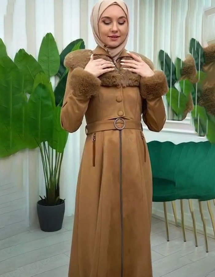 Womens Suede Fur Coat 1362 - Tabak