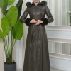 FUR HOODED ZIPPERED Faux Leather Hijab Topcoat 1345 - khaki