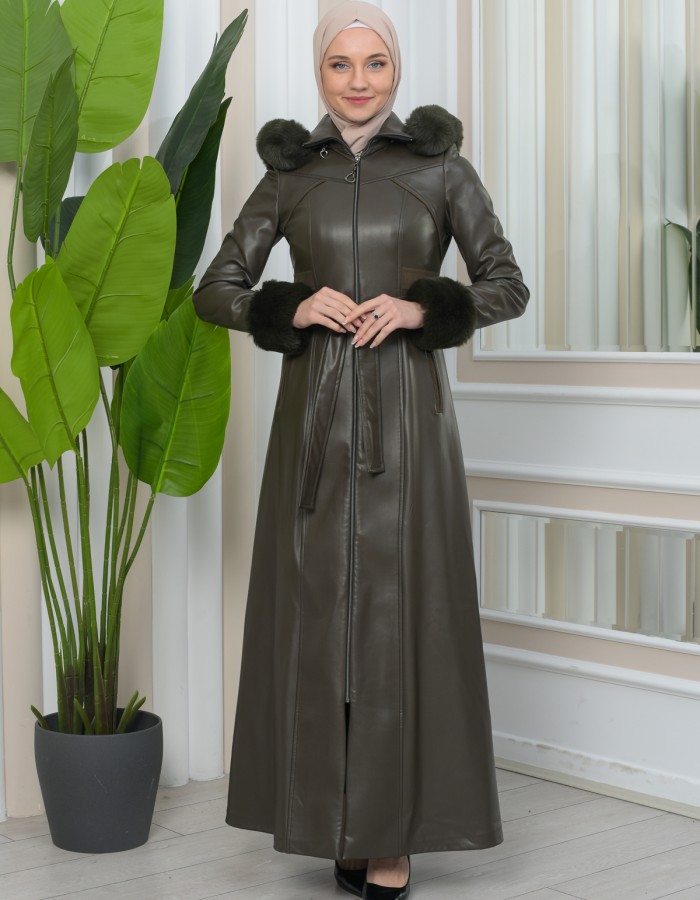FUR HOODED ZIPPERED Faux Leather Hijab Topcoat 1345 - khaki