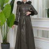FUR HOODED ZIPPERED Faux Leather Hijab Topcoat 1345 - khaki