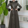 FUR HOODED ZIPPERED Faux Leather Hijab Topcoat 1345 - khaki
