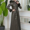 FUR HOODED ZIPPERED Faux Leather Hijab Topcoat 1345 - khaki