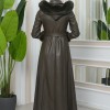 FUR HOODED ZIPPERED Faux Leather Hijab Topcoat 1345 - khaki