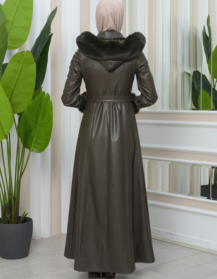 FUR HOODED ZIPPERED Faux Leather Hijab Topcoat 1345 - khaki