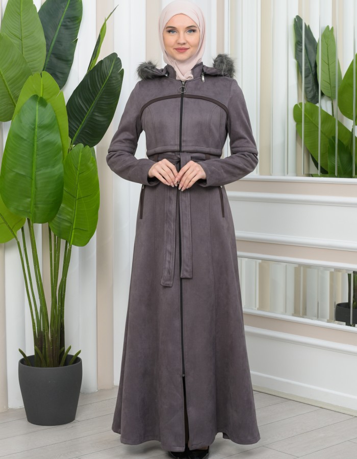 FUR HOODED BELT SUEDE HIJAB COVERCOAT 1346 - gray