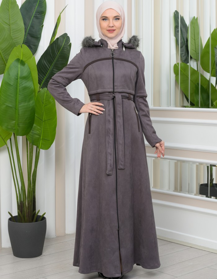FUR HOODED BELT SUEDE HIJAB COVERCOAT 1346 - gray