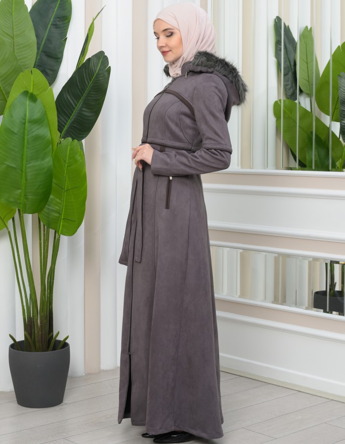 FUR HOODED BELT SUEDE HIJAB COVERCOAT 1346 - gray