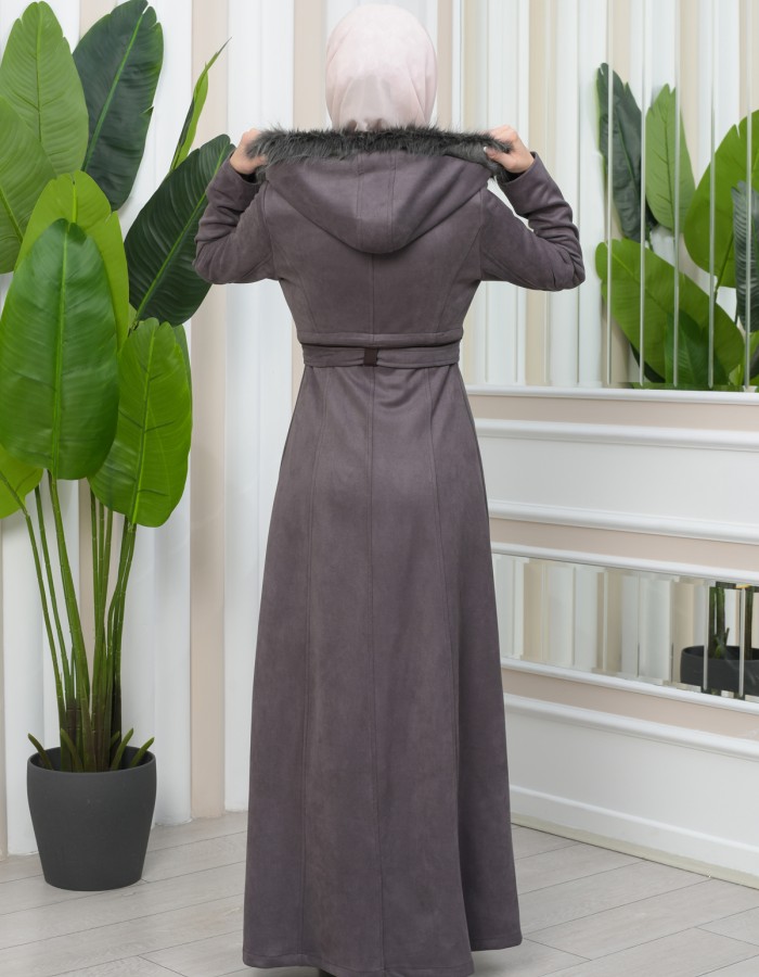 FUR HOODED BELT SUEDE HIJAB COVERCOAT 1346 - gray