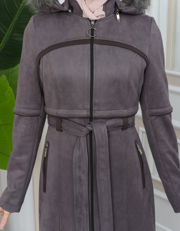 FUR HOODED BELT SUEDE HIJAB COVERCOAT 1346 - gray