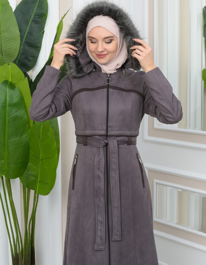 FUR HOODED BELT SUEDE HIJAB COVERCOAT 1346 - gray